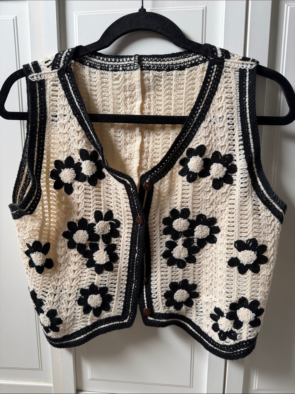 Cream and Black Floral Crochet Vest